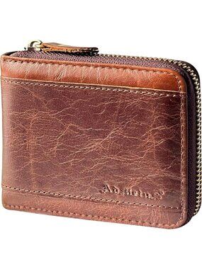 〽️Men Brown 159 Leather RFID Blocking Wallets Zipper Bifold RFID Card Holder